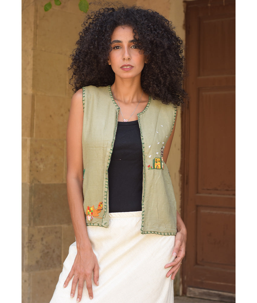 Dusty Olive Hand Embroideries Linen Vest - Fatoum