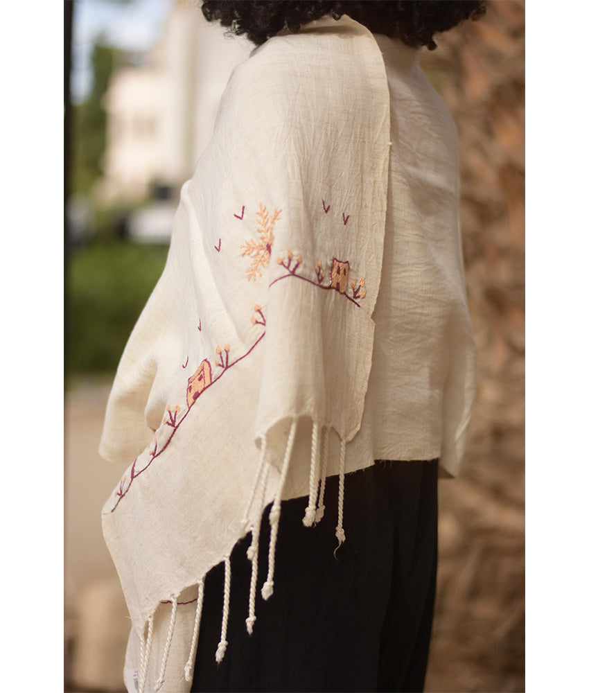 Off White Embroidered Linen Shawl handmade in Egypt & available at Jozee Boutique.handmade in Egypt & available at Jozee Boutique.