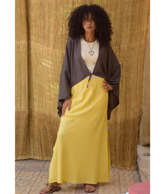 Mustard Linen Side-Slit Skirt with Elastic Waistband