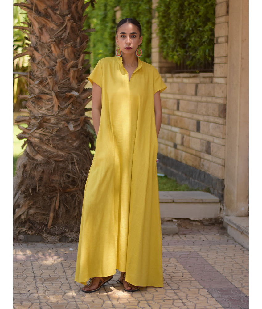 Mustard Linen Japanese Dress made in Egypt & available in Jozee boutique