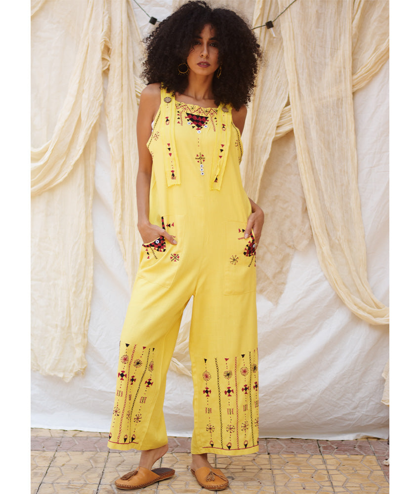Yellow Siwa Embroidered Linen Jumpsuit