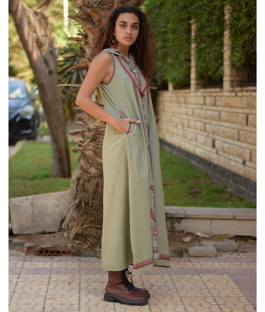 Light olive Siwa Embroidered Linen Dress with Hoodie handmade in Egypt & available at Jozee Boutique.