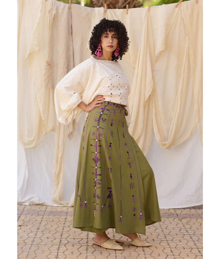 Olive Green Siwa Embroidered Linen Wrap Skirt handmade in Egypt & available at Jozee Boutique.