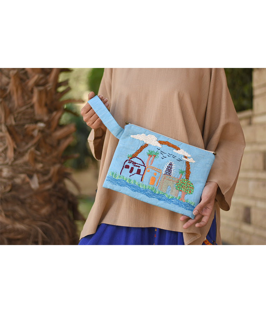 Baby Blue Embroidered Clutch handmade in Egypt & available at Jozee Boutique.