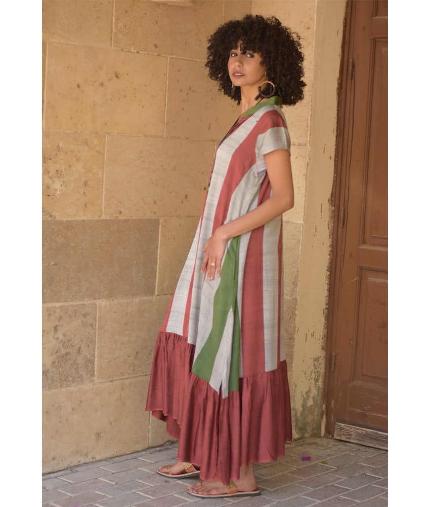Brick red & Grey Handwoven Ruffle Dress Handmade in Egypt & available at Jozee Boutique