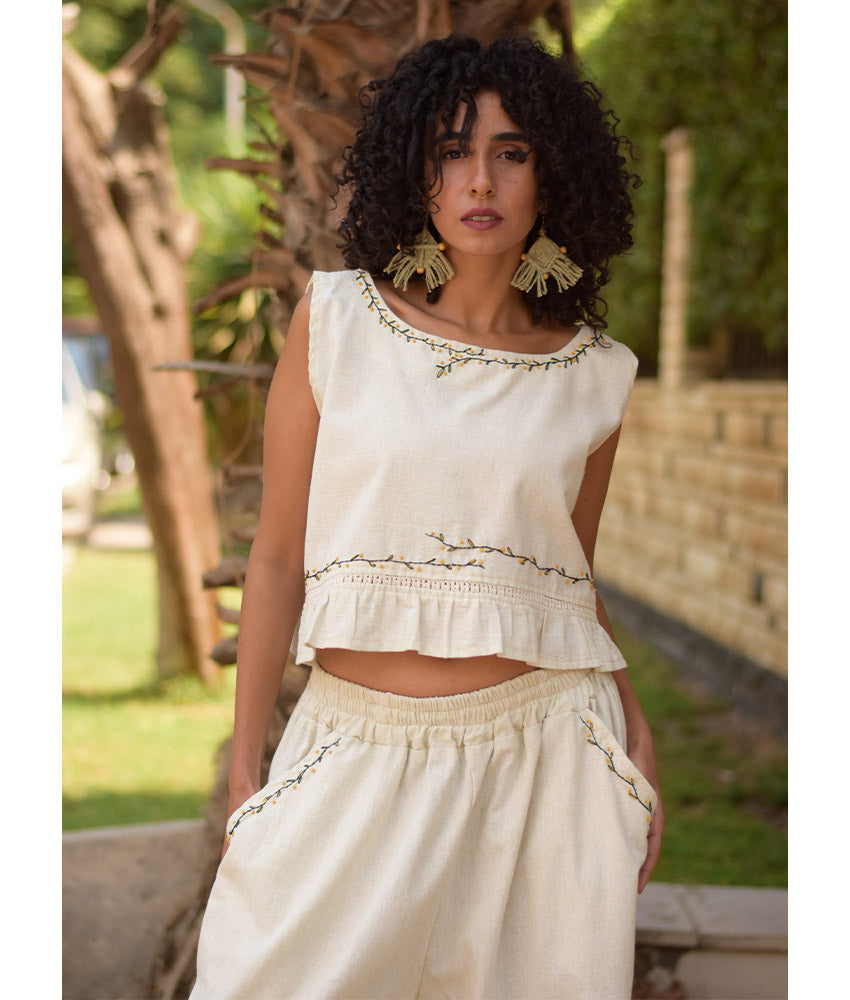 Off White Linen Set with Hand Embroideries handmade in Egypt & available at Jozee Boutique.