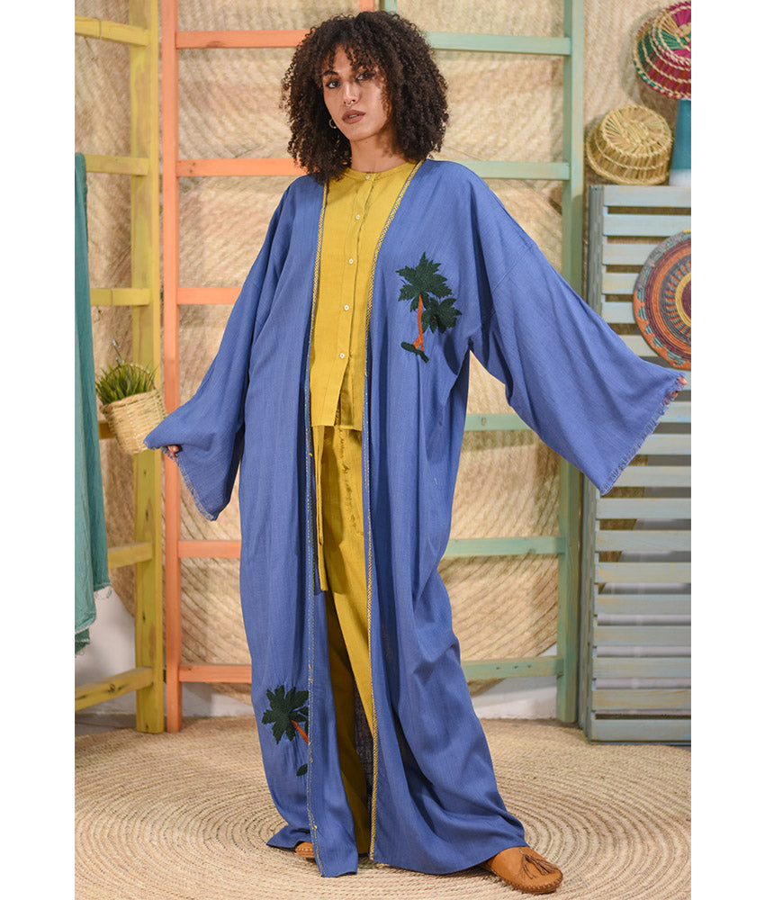 Blue Denim Embroidered Handwoven Linen Cardigan handmade in Egypt & available at Jozee boutique