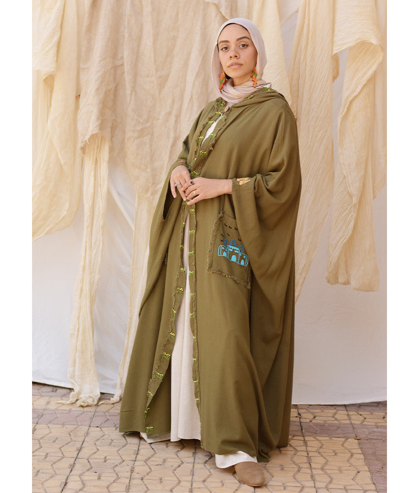 Army green Hand Embroidered Linen Cardigan/Abaya with Hoodie handmade in Egypt & available at Jozee Boutique.
