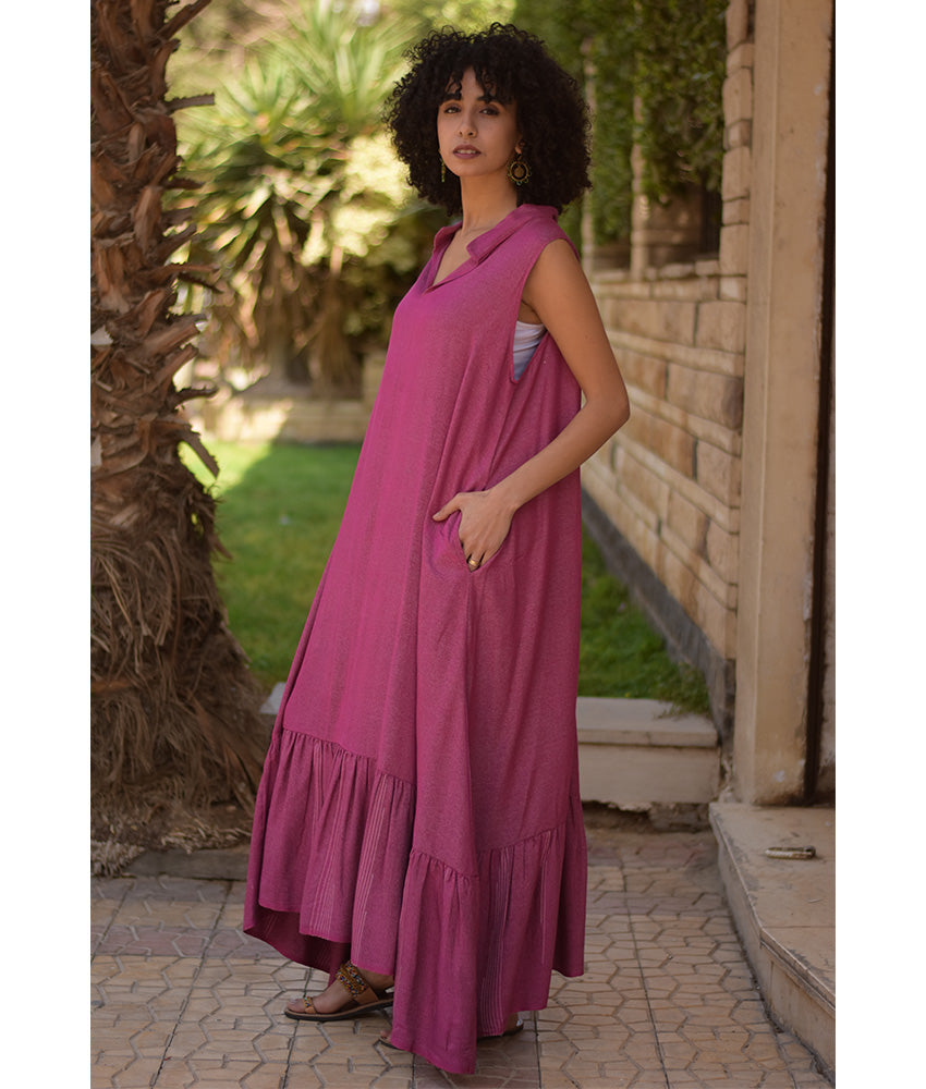 Raspberry Pink Handwoven Ruffle Dress handmade in Egypt & available at Jozee Boutique.