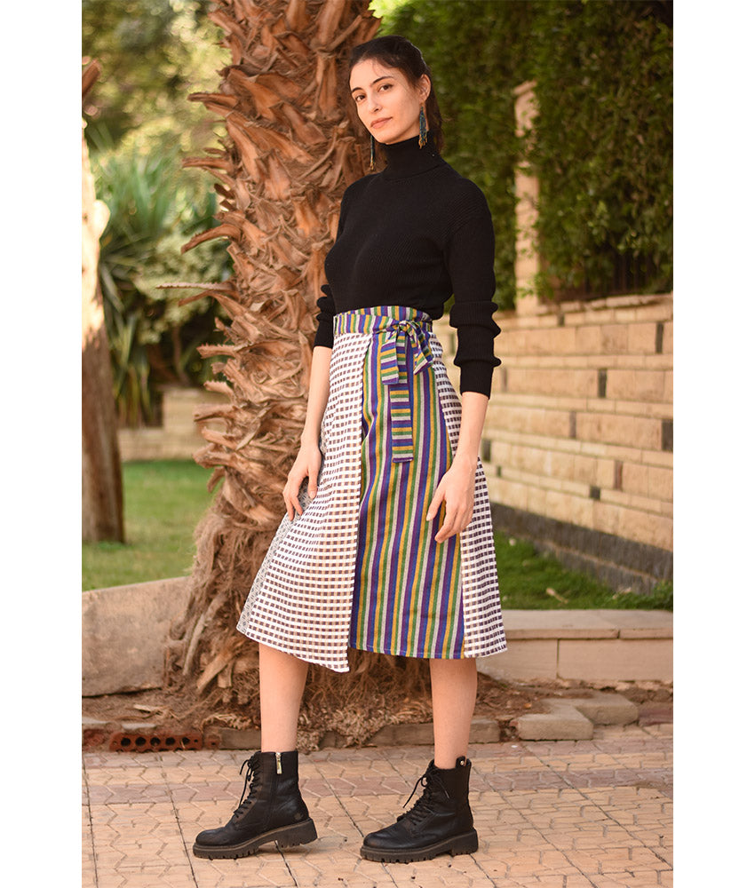 Grey & Multicolored Silk and Cotton Loom Woven Midi Wrap Skirt handmade in Egypt & available at Jozee Boutique.