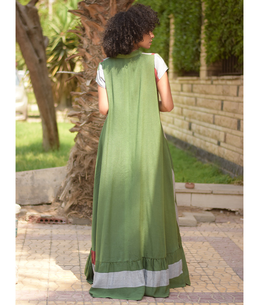 Green & Multicolored Handwoven Ruffle Dress handmade in Egypt & available at Jozee Boutique.