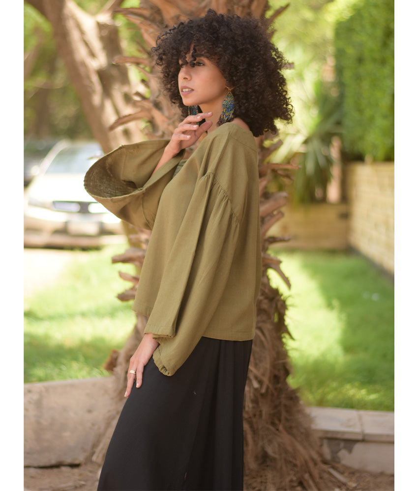 Olive Green Linen Long Sleeves Cinched Top handmade in Egypt & available at Jozee boutique