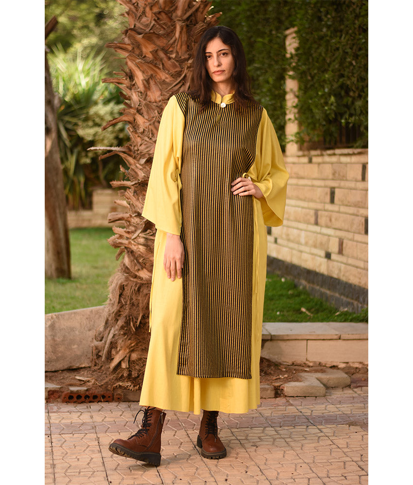 Yellow & Stripped Black Silk & Cotton Loom Woven Long Sleeve Tunic handmade in Egypt & available at Jozee Boutique.