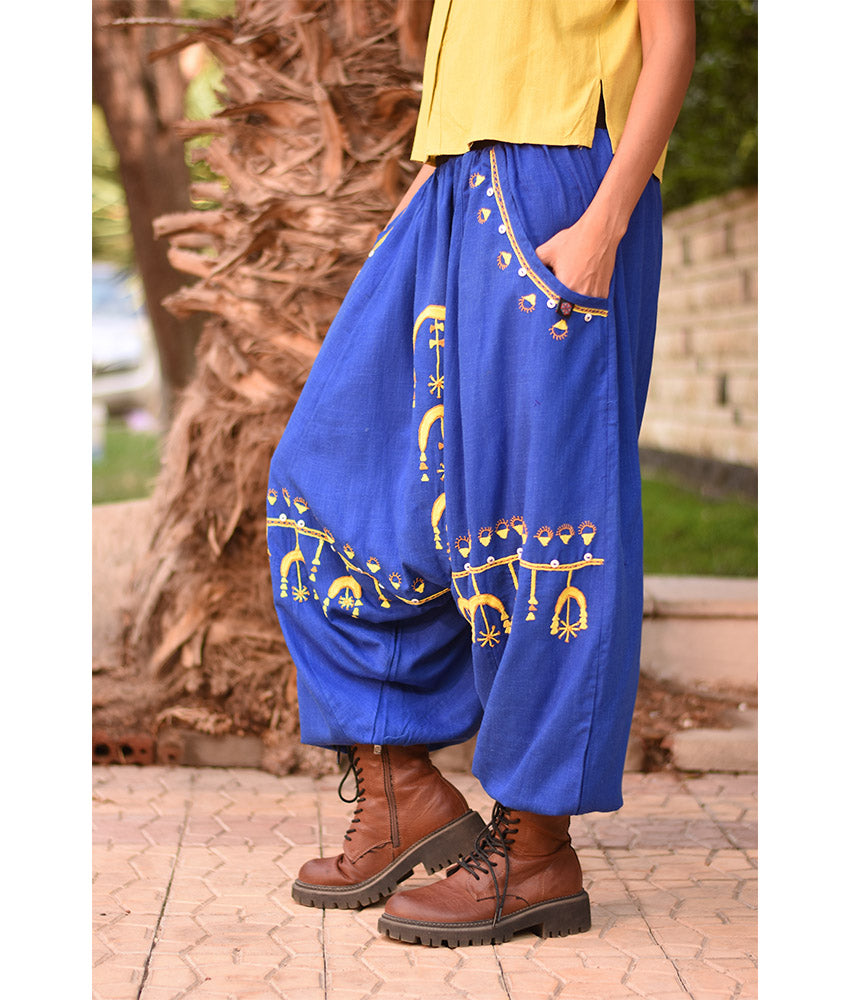 Electric Blue Siwa Embroidered Linen Harem Pants Handmade in Egypt & available at Jozee Boutique
