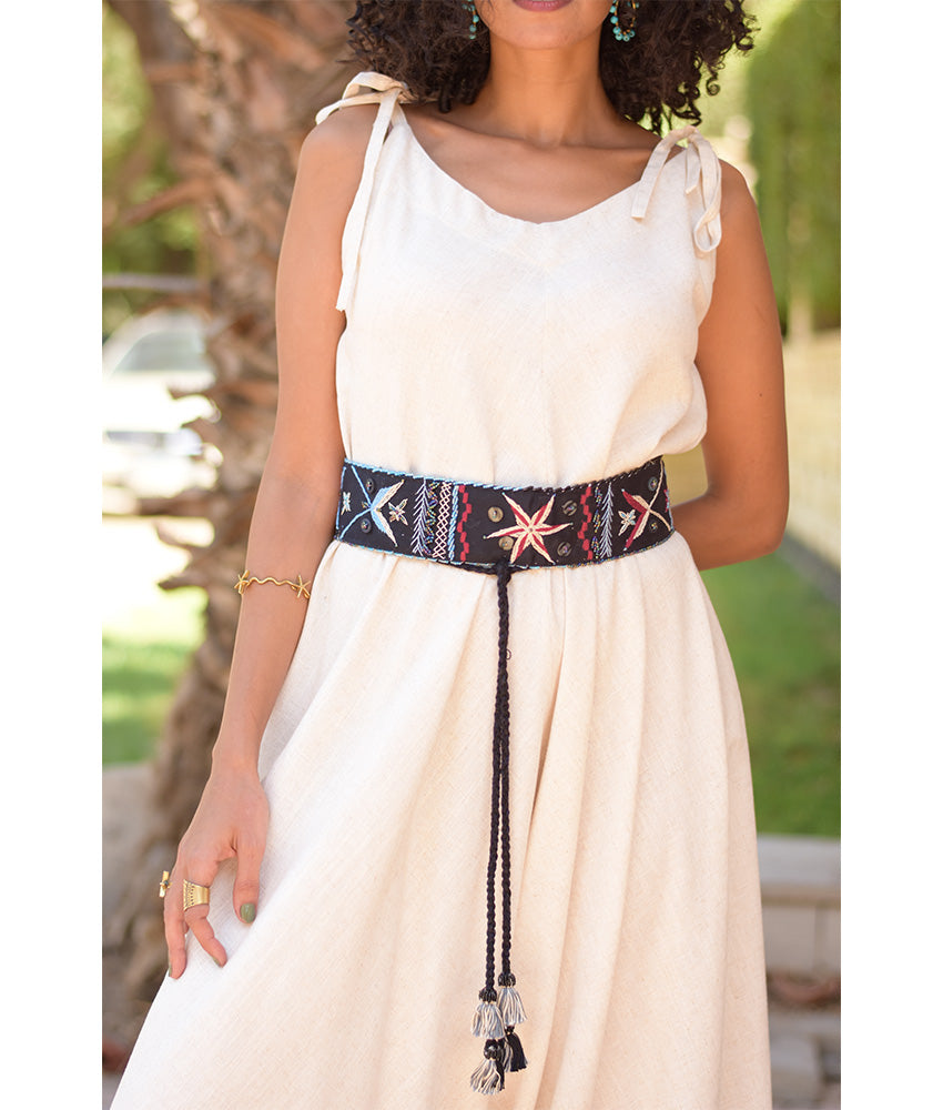 Black Saint Catherine Embroidered Thin Belt handmade in Egypt & available at Jozee Boutique.