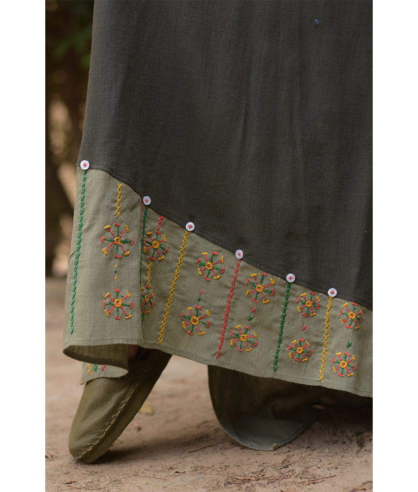 Dark Olive Green Siwa Embroidered Flowy Pants handmade in Egypt & available at Jozee Boutique.