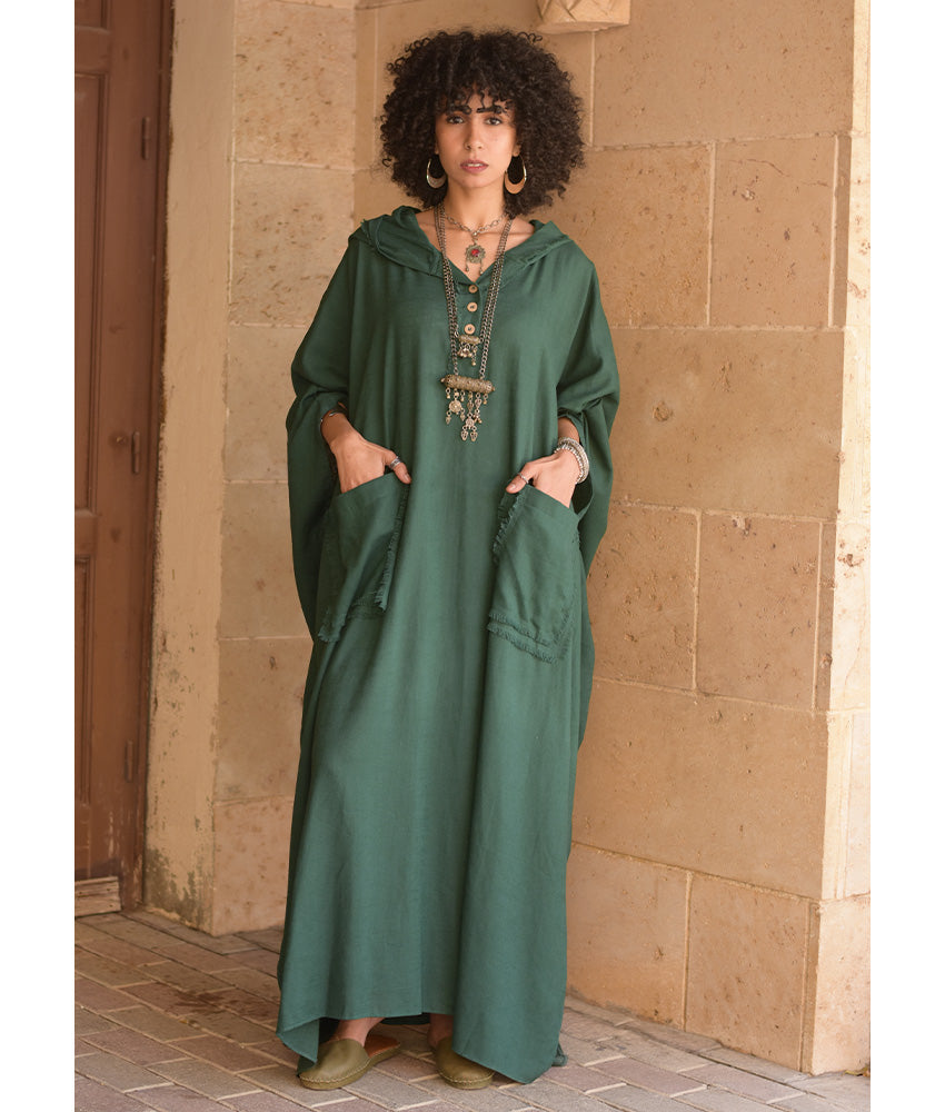 Emerald Green Linen Kaftan with Hoodie handmade in Egypt & available at Jozee Boutique.