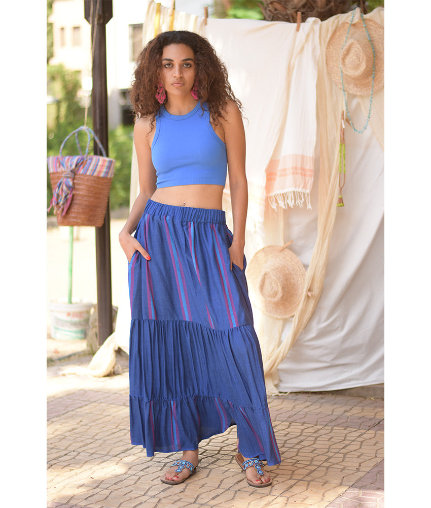 Blue Handwoven Ruffle Skirt handmade in Egypt & available at Jozee Boutique.