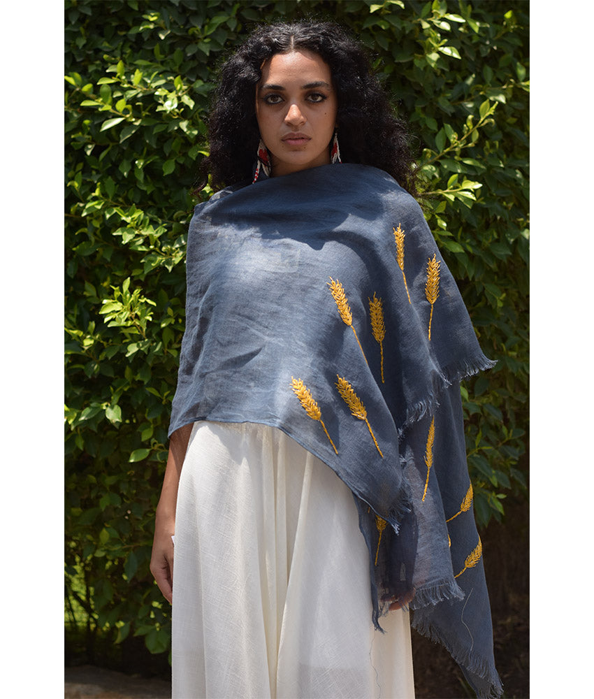 Denim Blue Embroidered Linen Shawl Handmade in Egypt & available at Jozee Boutique