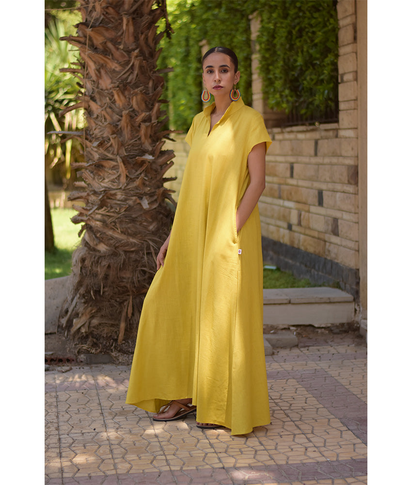 Mustard Linen Japanese Dress made in Egypt & available in Jozee boutique