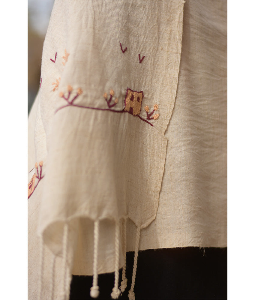 Off White Embroidered Linen Shawl handmade in Egypt & available at Jozee Boutique.handmade in Egypt & available at Jozee Boutique.