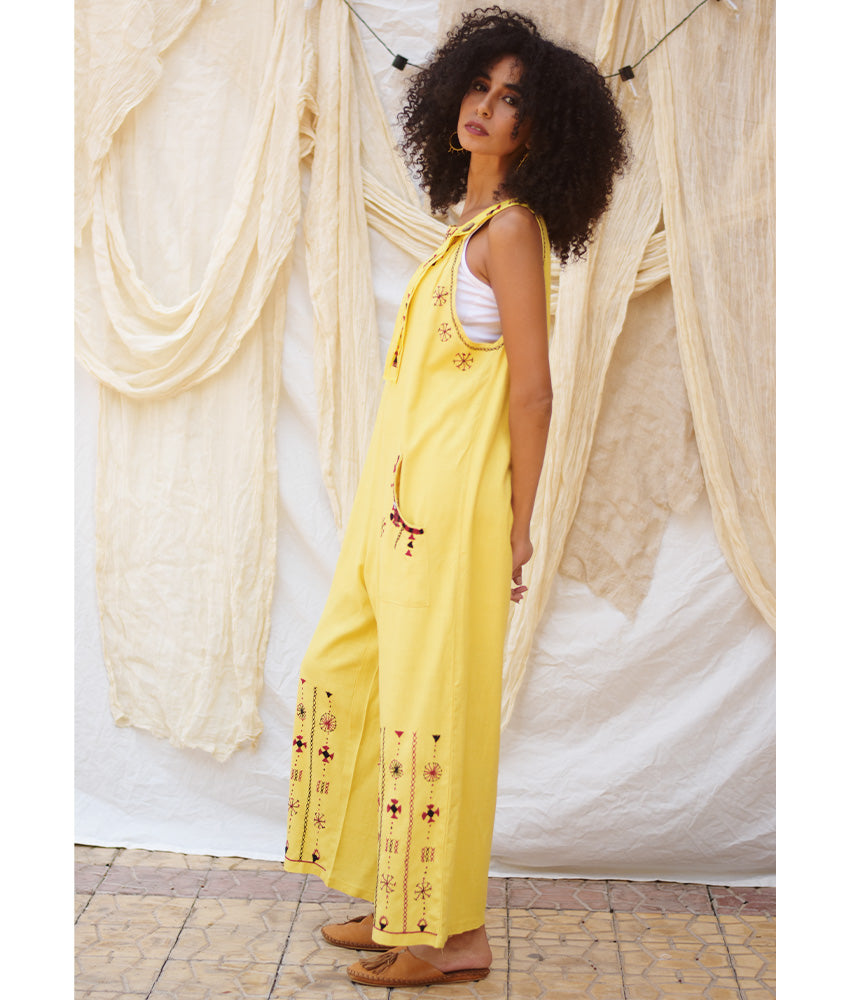 Yellow Siwa Embroidered Linen Jumpsuit