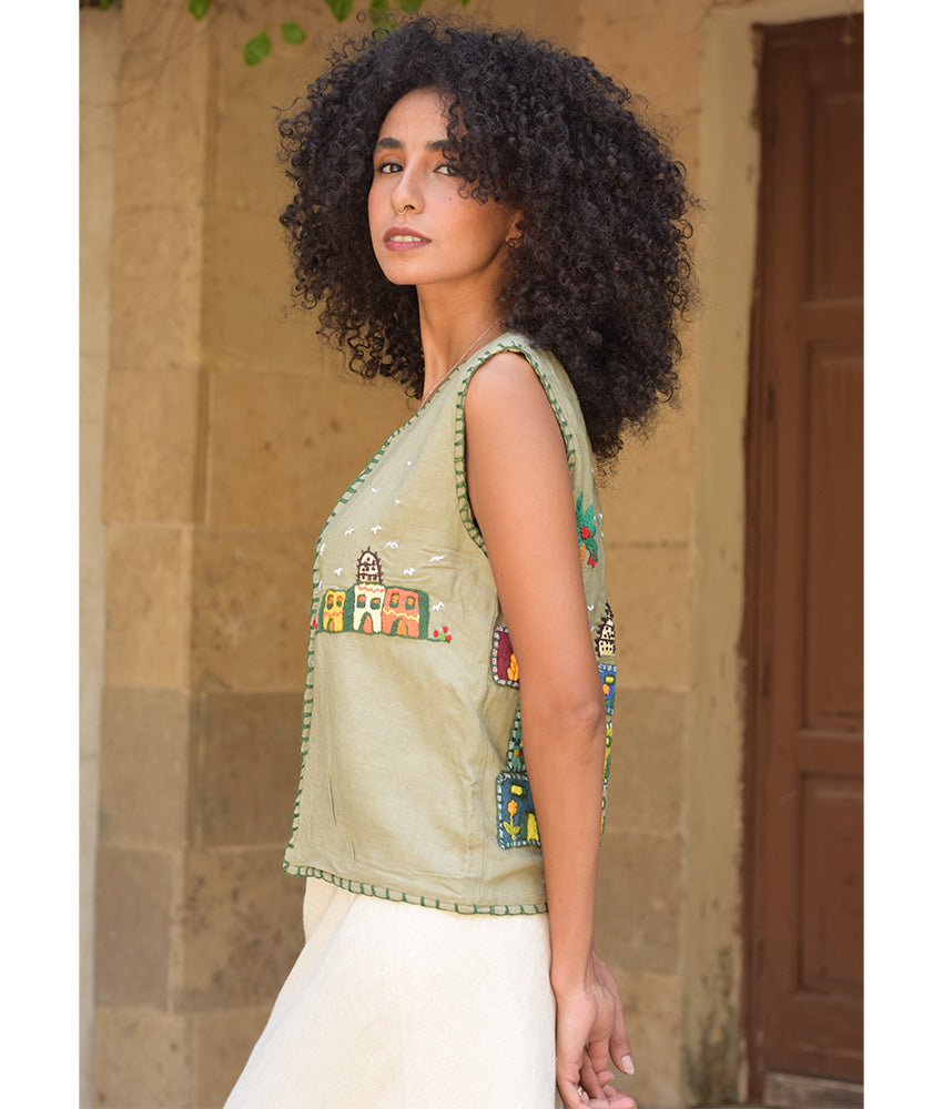 Dusty Olive Hand Embroideries Linen Vest - Fatoum