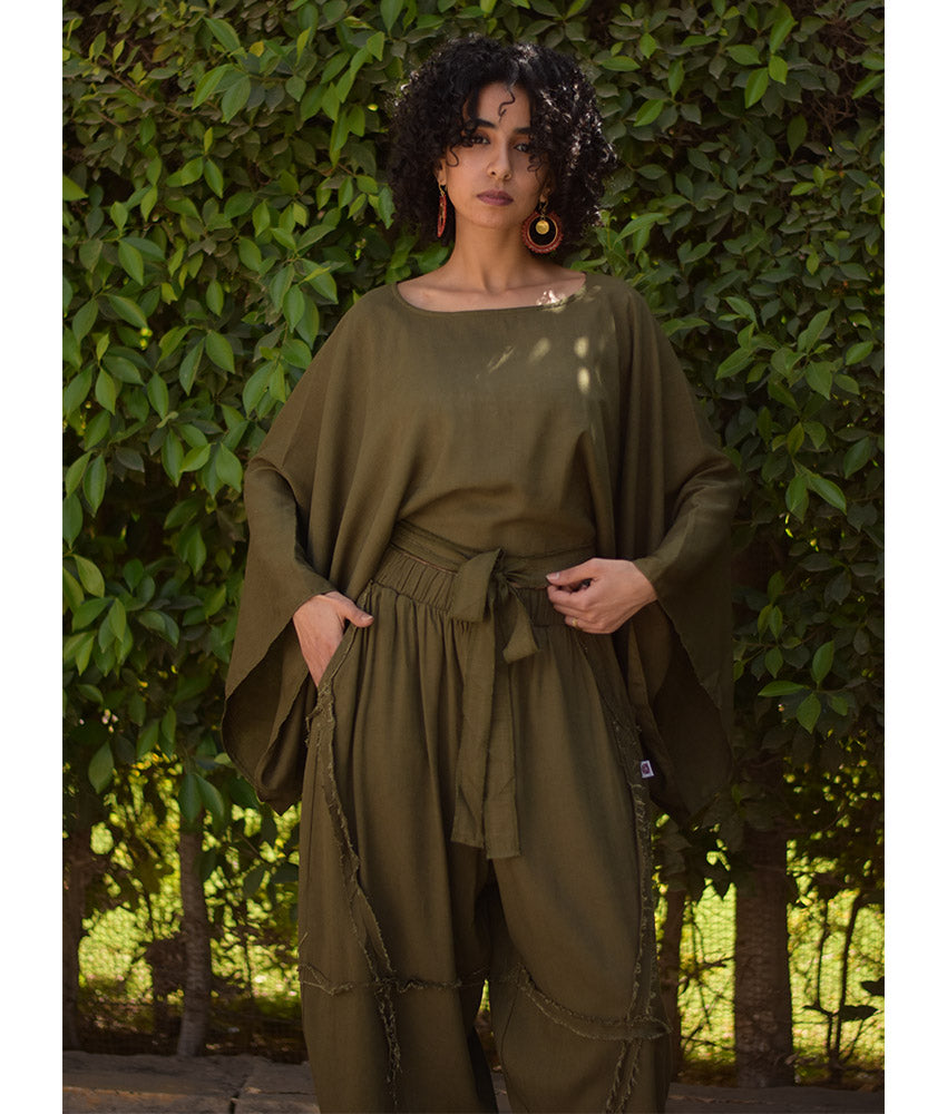 Army Green Kimono Linen Top handmade in Egypt & available at Jozee Boutique.