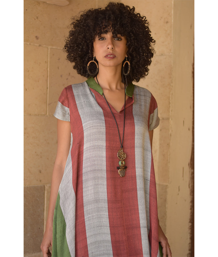 Brick red & Grey Handwoven Ruffle Dress Handmade in Egypt & available at Jozee Boutique