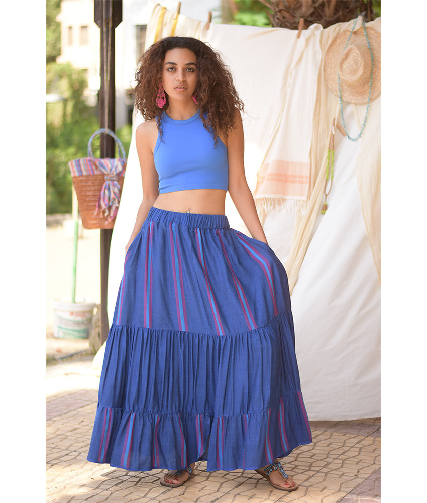 Blue Handwoven Ruffle Skirt handmade in Egypt & available at Jozee Boutique.