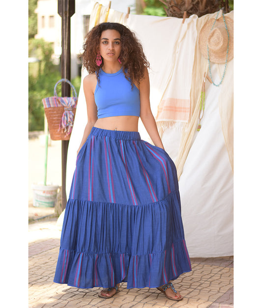 Blue Handwoven Ruffle Skirt handmade in Egypt & available at Jozee Boutique.