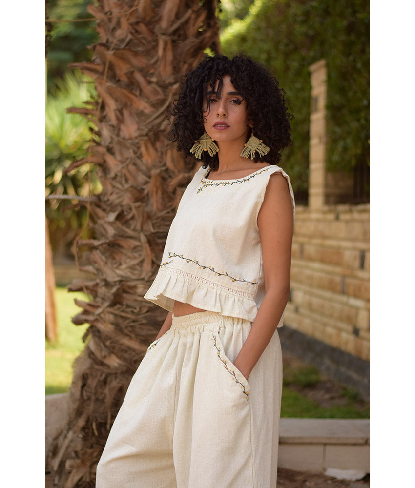 Off White Linen Set with Hand Embroideries handmade in Egypt & available at Jozee Boutique.
