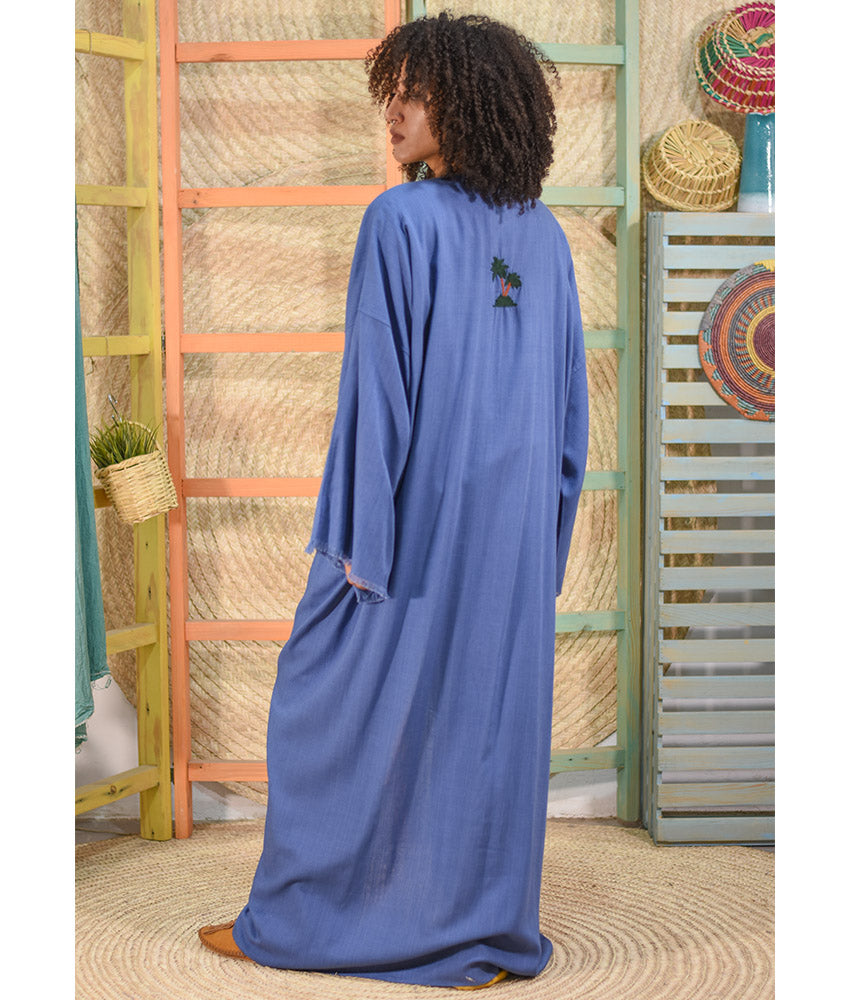 Blue Denim Embroidered Handwoven Linen Cardigan handmade in Egypt & available at Jozee boutique