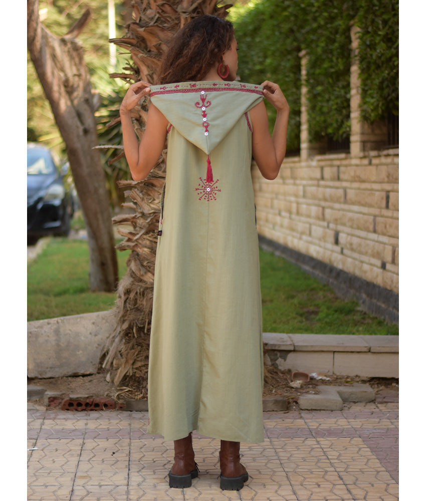 Light olive Siwa Embroidered Linen Dress with Hoodie handmade in Egypt & available at Jozee Boutique.