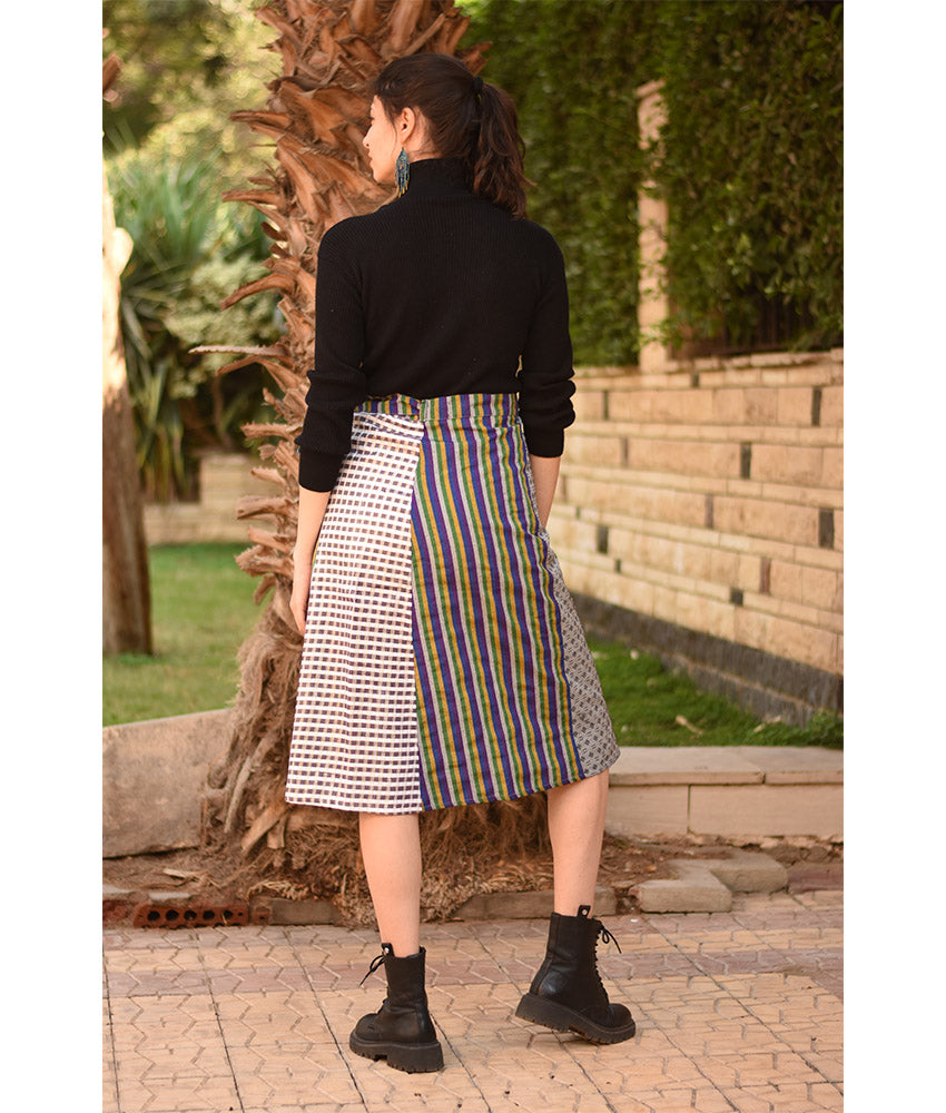 Grey & Multicolored Silk and Cotton Loom Woven Midi Wrap Skirt handmade in Egypt & available at Jozee Boutique.