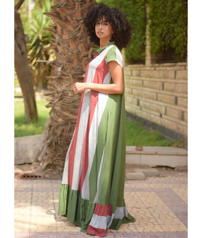 Green & Multicolored Handwoven Ruffle Dress handmade in Egypt & available at Jozee Boutique.