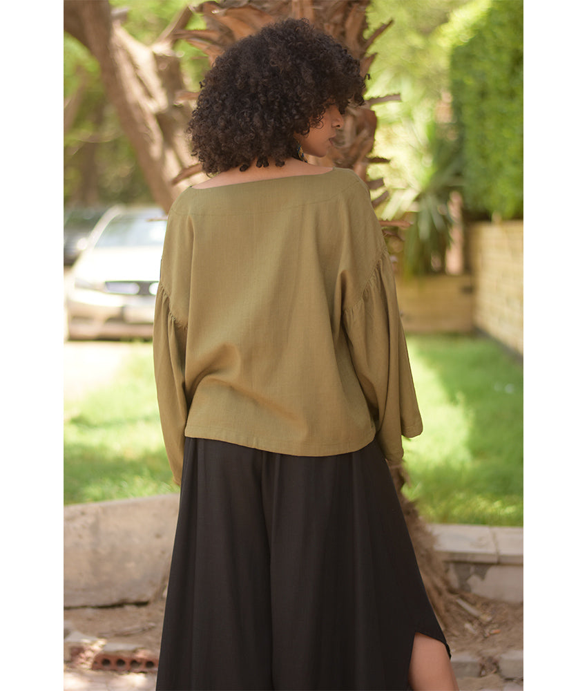 Olive Green Linen Long Sleeves Cinched Top handmade in Egypt & available at Jozee boutique