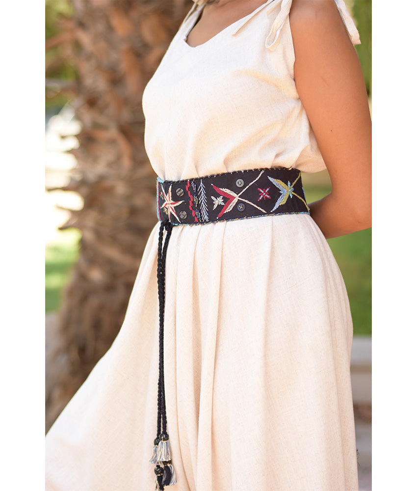 Black Saint Catherine Embroidered Thin Belt handmade in Egypt & available at Jozee Boutique.