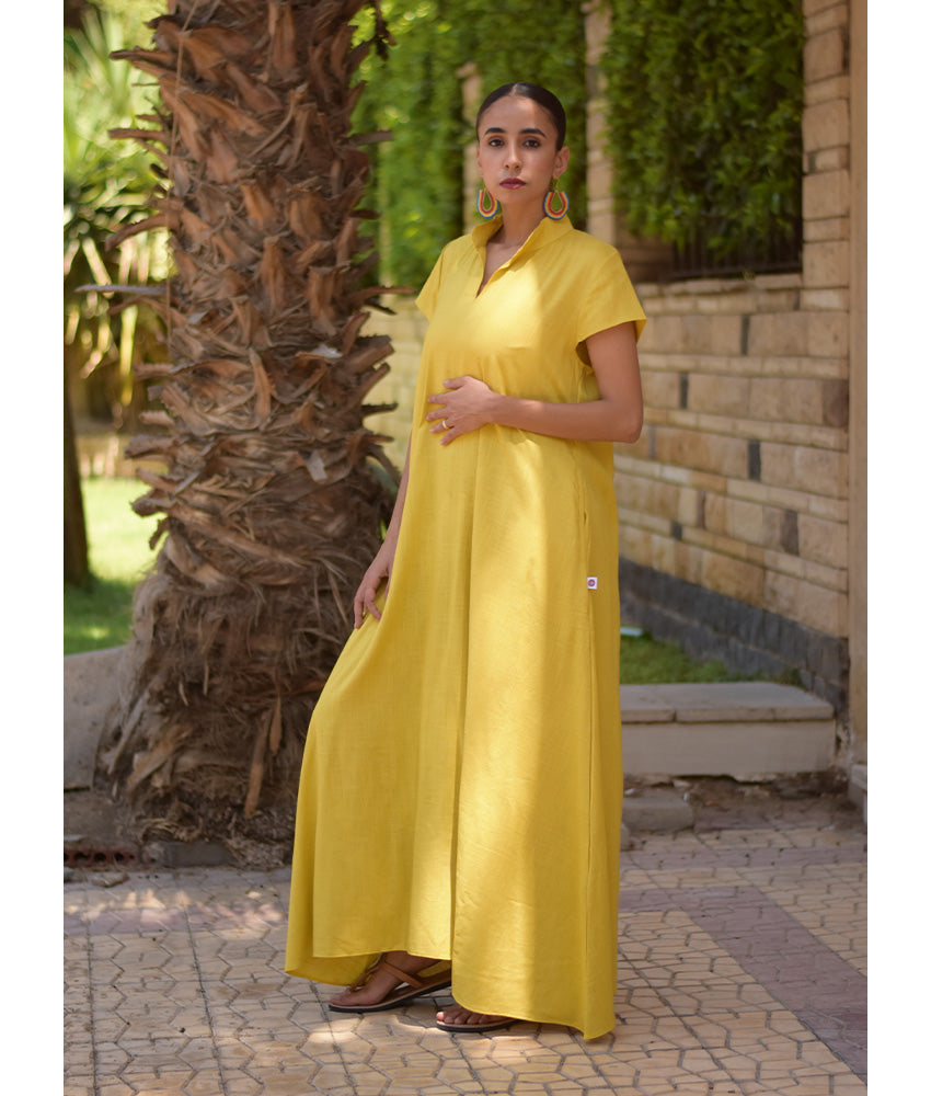 Mustard Linen Japanese Dress made in Egypt & available in Jozee boutique