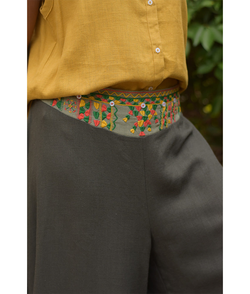 Dark Olive Green Siwa Embroidered Flowy Pants handmade in Egypt & available at Jozee Boutique.