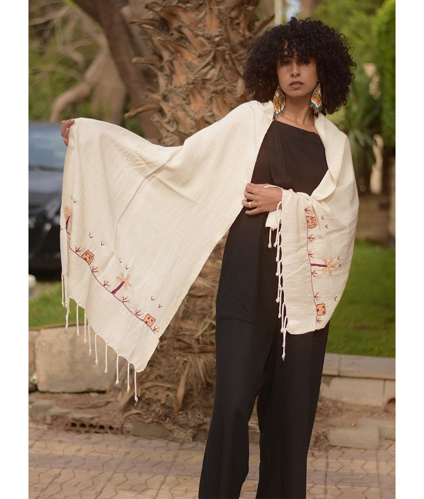 Off White Embroidered Linen Shawl handmade in Egypt & available at Jozee Boutique.handmade in Egypt & available at Jozee Boutique.
