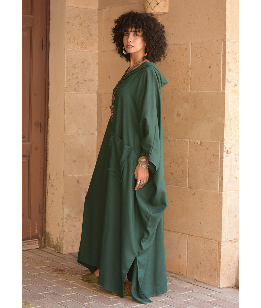 Emerald Green Linen Kaftan with Hoodie handmade in Egypt & available at Jozee Boutique.