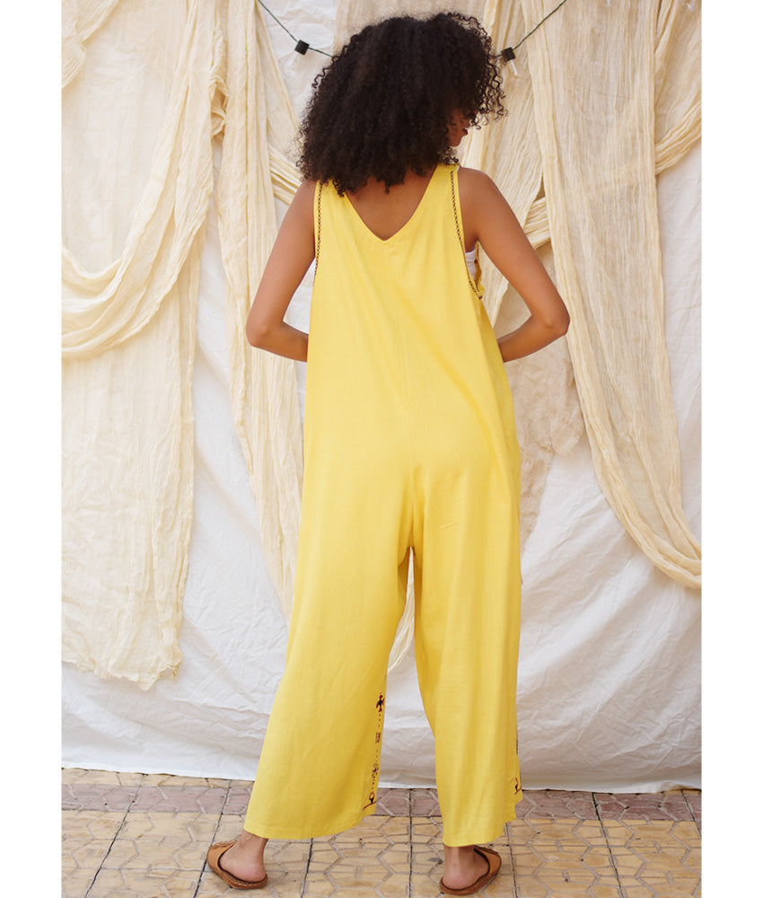 Yellow Siwa Embroidered Linen Jumpsuit