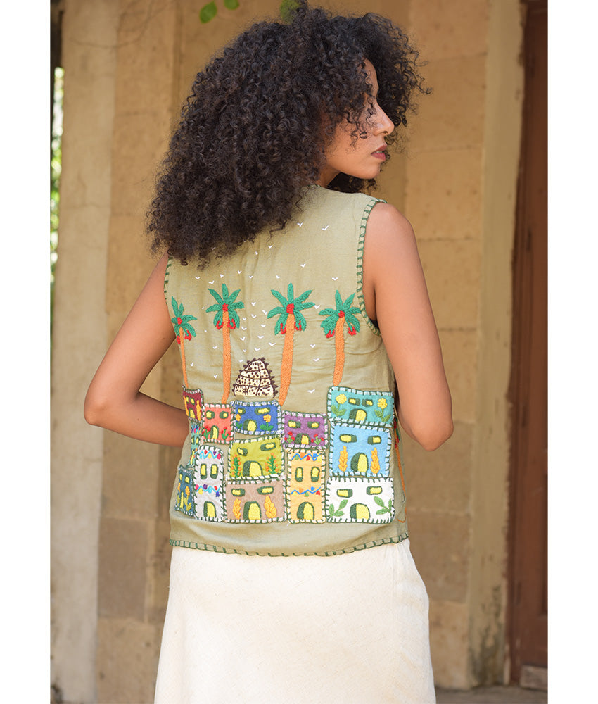 Dusty Olive Hand Embroideries Linen Vest - Fatoum