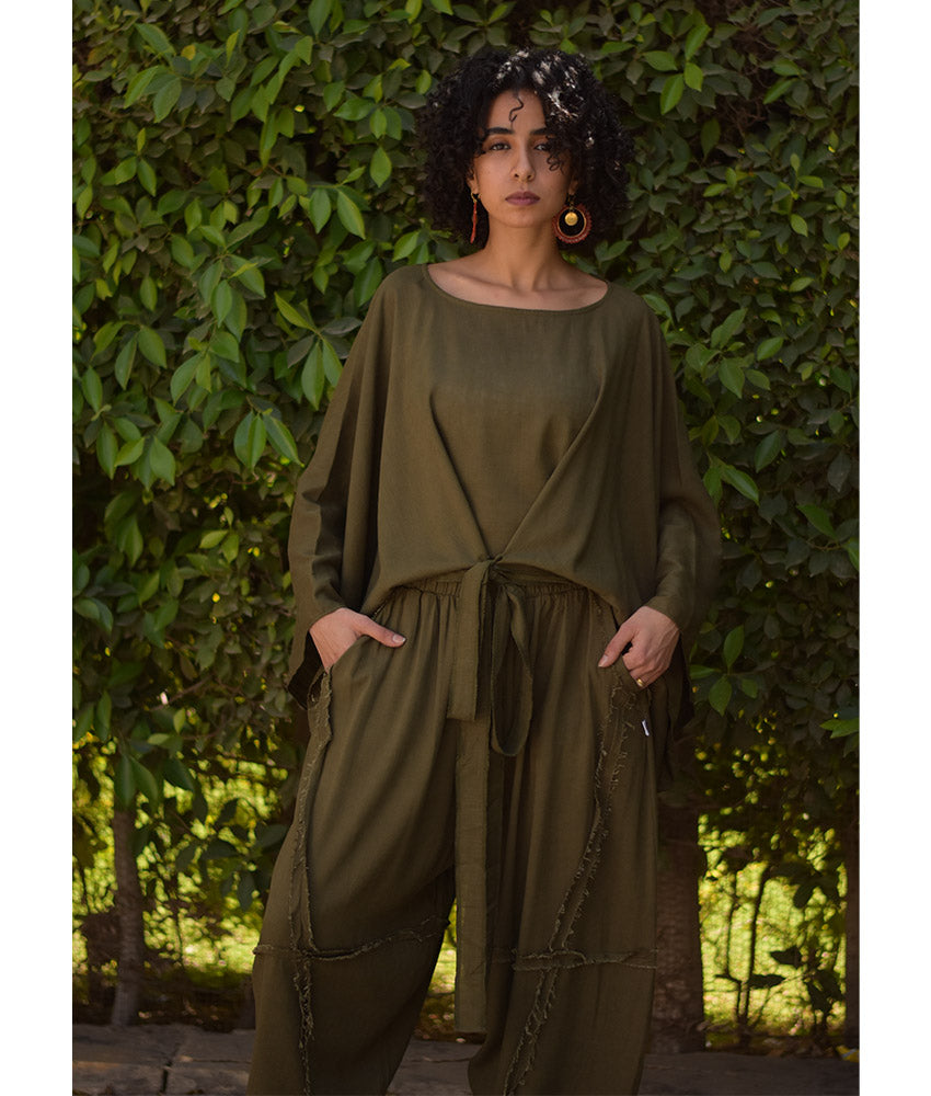 Army Green Kimono Linen Top handmade in Egypt & available at Jozee Boutique.