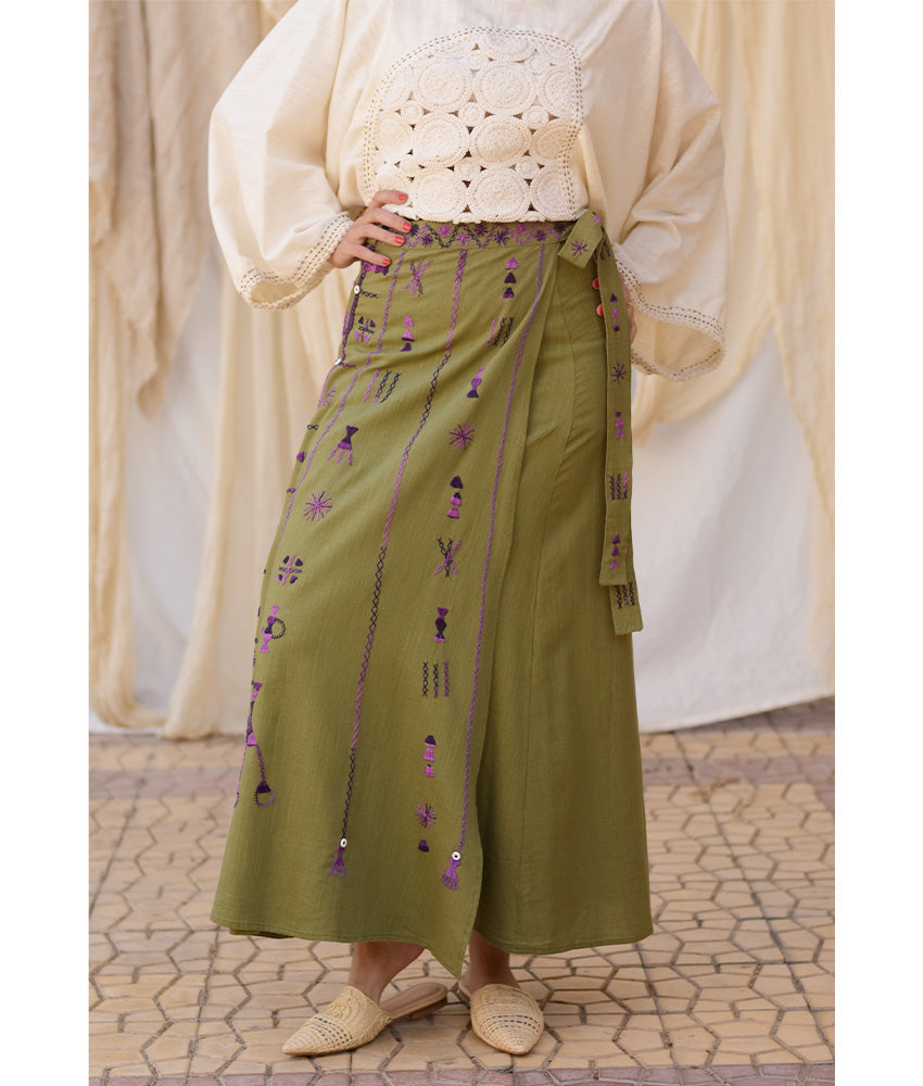 Olive Green Siwa Embroidered Linen Wrap Skirt handmade in Egypt & available at Jozee Boutique.