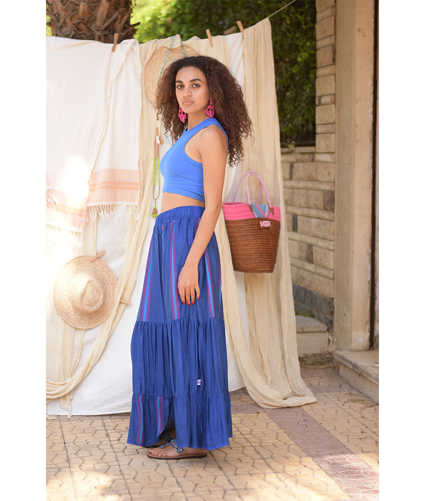 Blue Handwoven Ruffle Skirt handmade in Egypt & available at Jozee Boutique.
