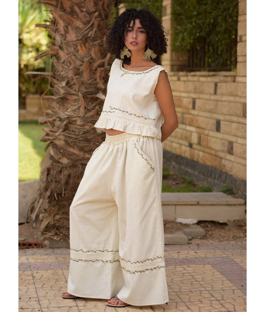 Off White Linen Set with Hand Embroideries handmade in Egypt & available at Jozee Boutique.