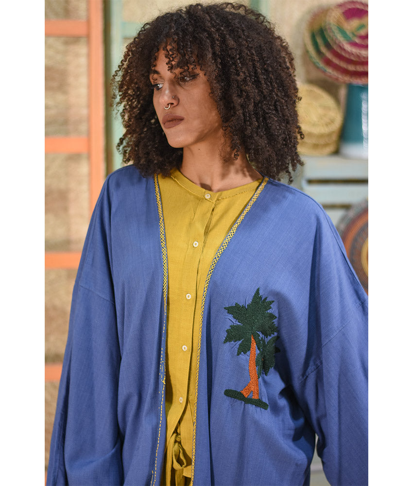 Blue Denim Embroidered Handwoven Linen Cardigan handmade in Egypt & available at Jozee boutique