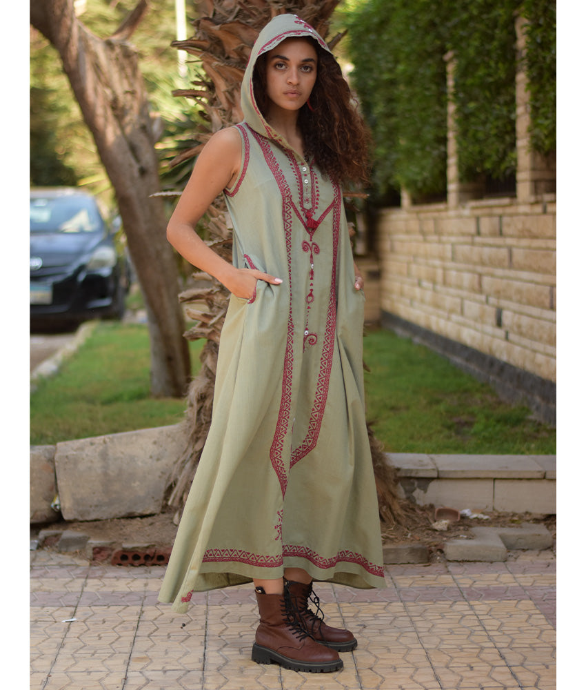 Light olive Siwa Embroidered Linen Dress with Hoodie handmade in Egypt & available at Jozee Boutique.